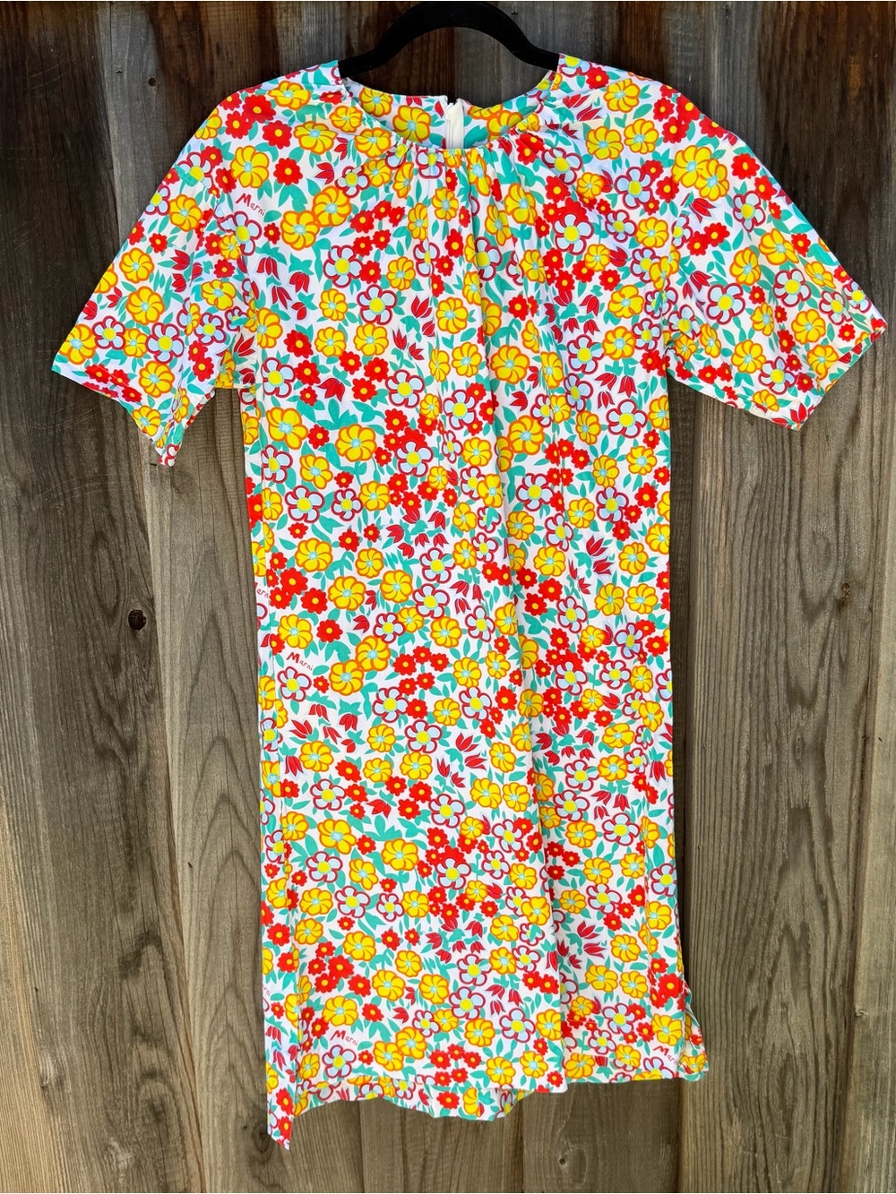 Marni Multicolor Floral Shift Dress with Aqua and Coral Accents